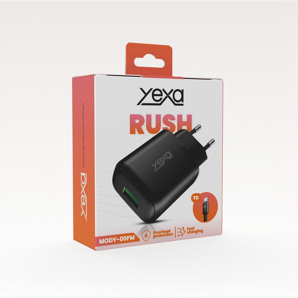 CARGADOR 220V 4.8A RUSH 1USB + CABLE TIPO C Y-00FM - YEXA - NEGRO